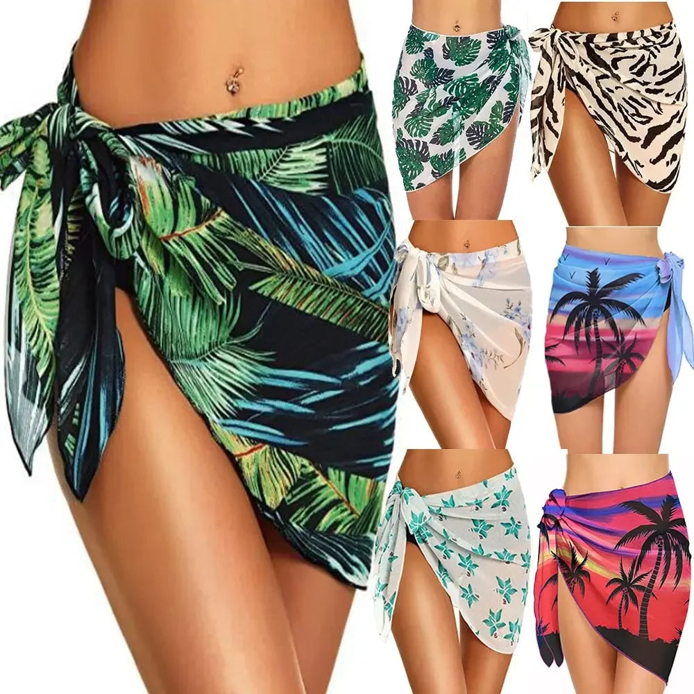 Summer Bikini Wrap Sheer Coverups Set Women Print Short Sarongs Swimsuit Beach Short Skirt Chiffon Scarf Cover Ups for Swimwear
