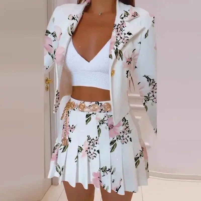 Women Pleated Mini Skirts Suit and One Button Long Sleeve Blazer Tops Streetwear Chic Matching Two 2 Piece Set Outfits