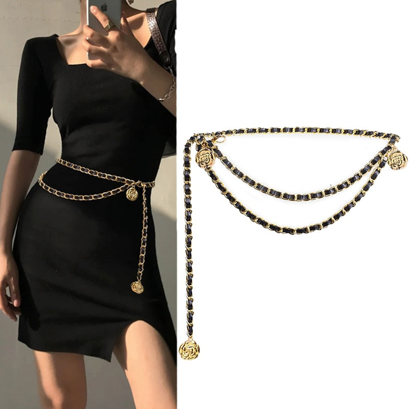 Fashion Metal Chain Belts for Women Flower Pendant Jeans Suit Dress Waist Chain Female Luxury Brand Designer Accessories