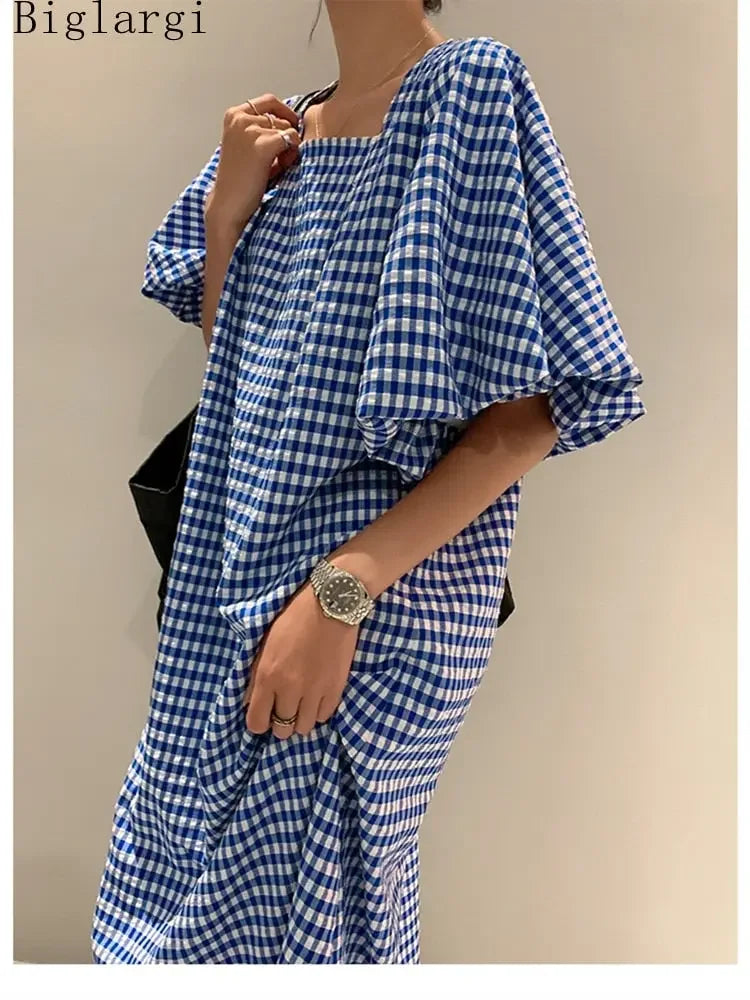 Fashion Square Neck Plaid Puff Sleeve Loose Casual Dress Summer Women Korean Ladies Chic 2023 New Dresses Elegant Woman Dress