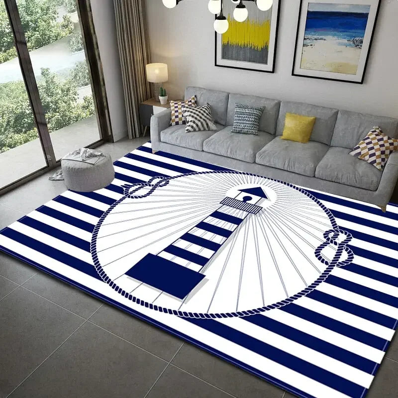 Dark Blue Stripe Ocean Lighthouse Area Rug Anchor Boat Decor Carpet Floor Mat Soft Carpet for Living Room Bathroom Kitchen