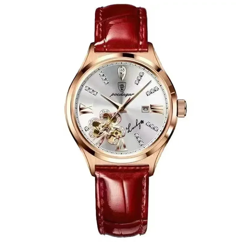 Luxury Wine Red Quartz Waterproof Stainless Watch