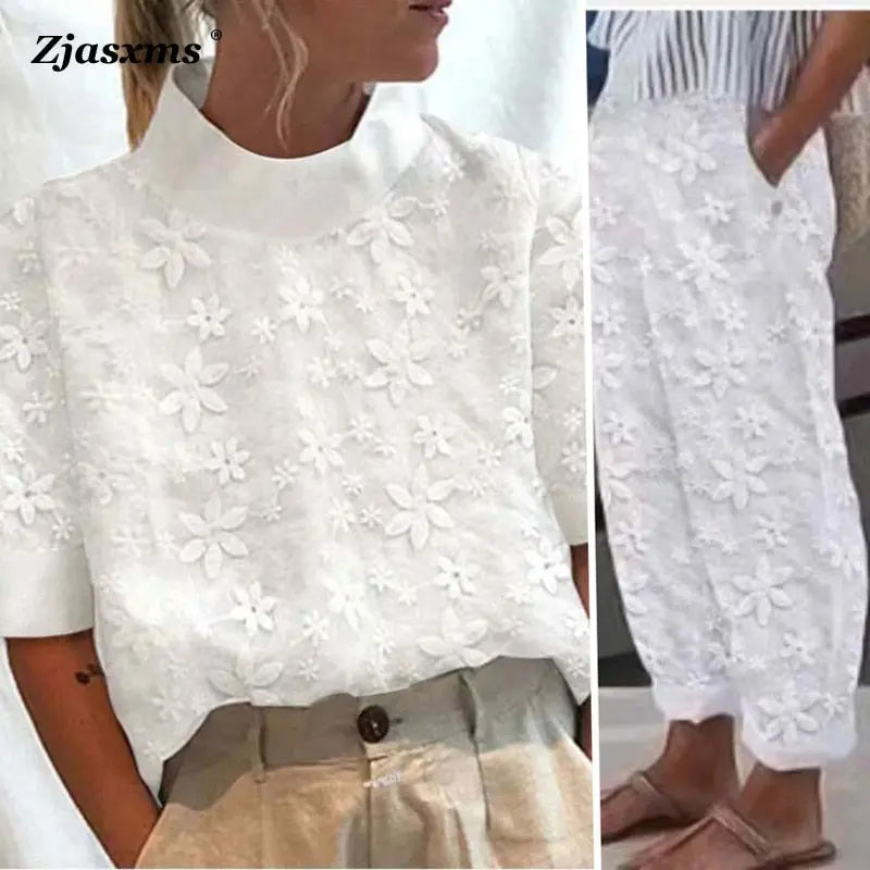 2023 Lady Loose Two Pieces Suit New Spring Summer Hollowed Out Cotton Linen Lace Suit Women Casual Pockets Solid Color Top+Pants