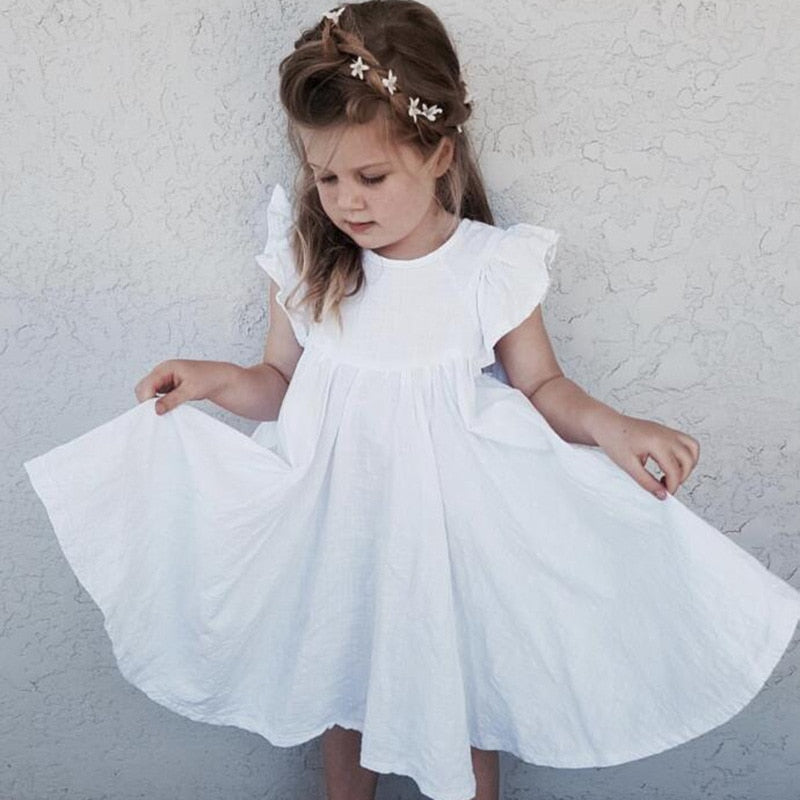 Kids Ruffle Sleeve Solid Linen Dress