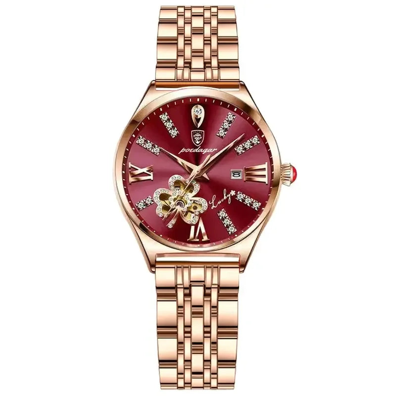 Luxury Wine Red Quartz Waterproof Stainless Watch