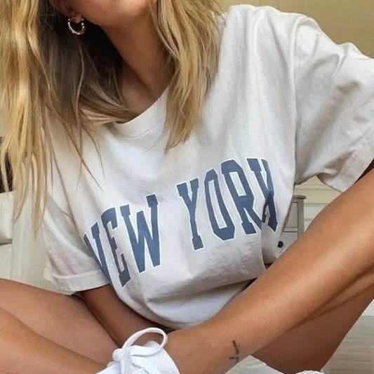 American Vintage Style New York Letters Printing Women Summer Y2K T Shirts For Women Loose White Cotton Crewneck Tops Tees