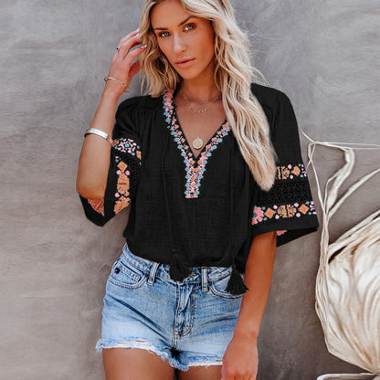 TEELYNN Casual Short Sleeve Blouses for Women Vintage Floral Embroidery Oversize Tops Tee Summer 2022 Deep V Cotton Blouse