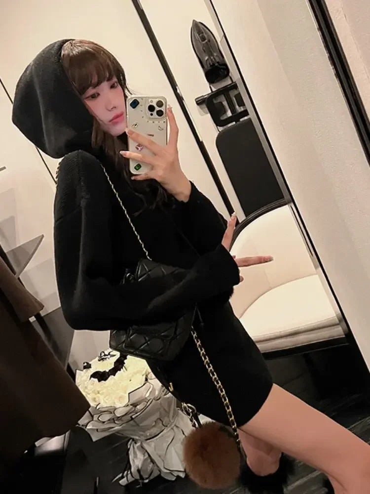 Solid Vintage Knitted Mini Dress Women Street Fashion Casual Y2K Hoodie Dress Female Sexy Long Sleeve Sweater Dress Autumn 2022