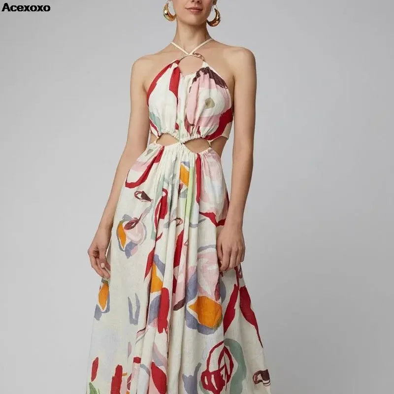 2023 summer new women's fashion casual sexy halter print slim beach dress