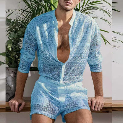 New Summer Men Two Piece Suits Sexy See Through Lace Outfits Beach Fashion Plain Pattern Print Long Sleeved Tops And Shorts Set
