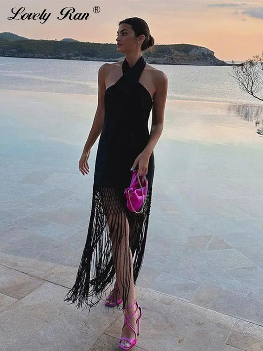 Sexy Halter Dress Women Black Tassel Backless Linen Sleeveless Female Dresses 2023 Summer Fashion Beach Long Lady Vestidos