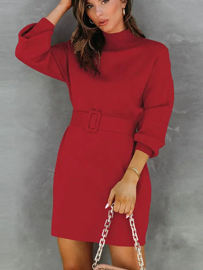 Piednoir Women&#39;s Turtleneck Sweater Dress With Belt Autumn Casual Long Lantern Sleeve Knit Bodycon Knit Oversized Pullover Dress
