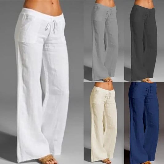 2022 Summer Women Pants Vintage Solid Color Elastic Waist Cotton Linen Trousers Casual Lady Loose Wide Leg Pants