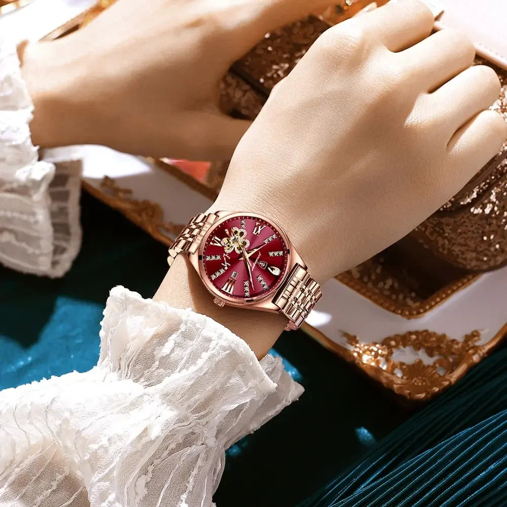 Luxury Wine Red Quartz Waterproof Stainless Watch