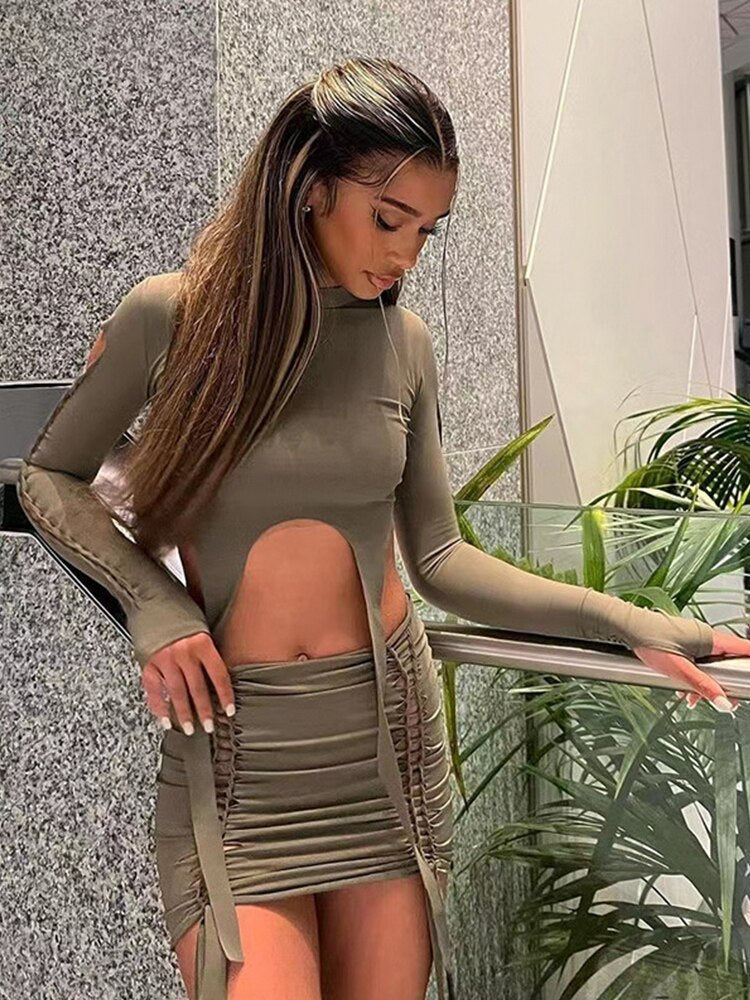 High Street Cut Out Skniiy Overalls Female Tracksuit 2022 Fall Midnight Clubwear Women&#39;s Skirt Set Suit Fashion Y2K Two Pieces
