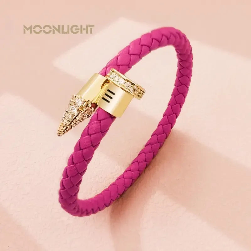 MOONLIGHT Genuine Braided Leather Bracelet for Woman High Quality Classic Cubic Zirconia Nail Bracelet Female Jewelry Gifts