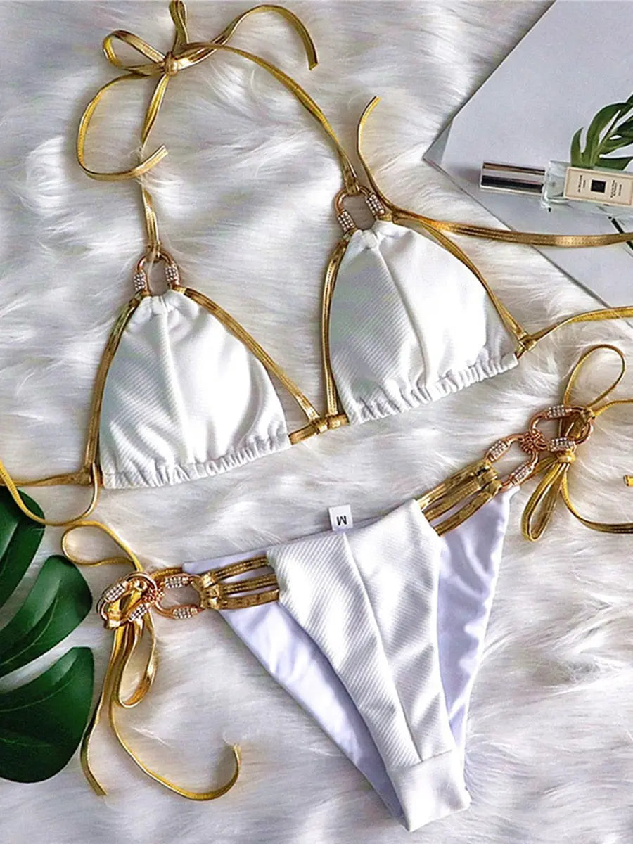 Gold Trim & Crystal Tie Up Bikini