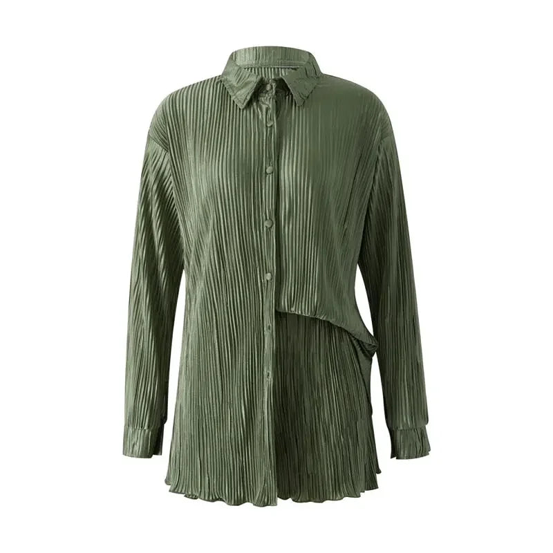 Pleated Shorts Set 2 Piece Outfits for Women 2000s Aesthetic Ruched Long Sleeve Button Down Shirt Tops and Shorts y2k Clothing