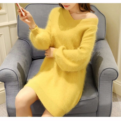 Women 2023 Autumn Winter Imitation Mink Cashmere Long Sleeves Sweater Dress Female V-Neck Casual Slim Knit Dresses Vestidos G683