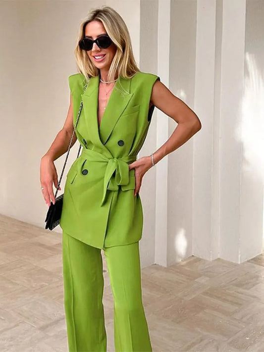 Women Fashion Trousers Two Piece Sets Casual Loose Sleeveless Vest Coat Wide Leg Pants Suits 2023 Spring Commuter Office Set