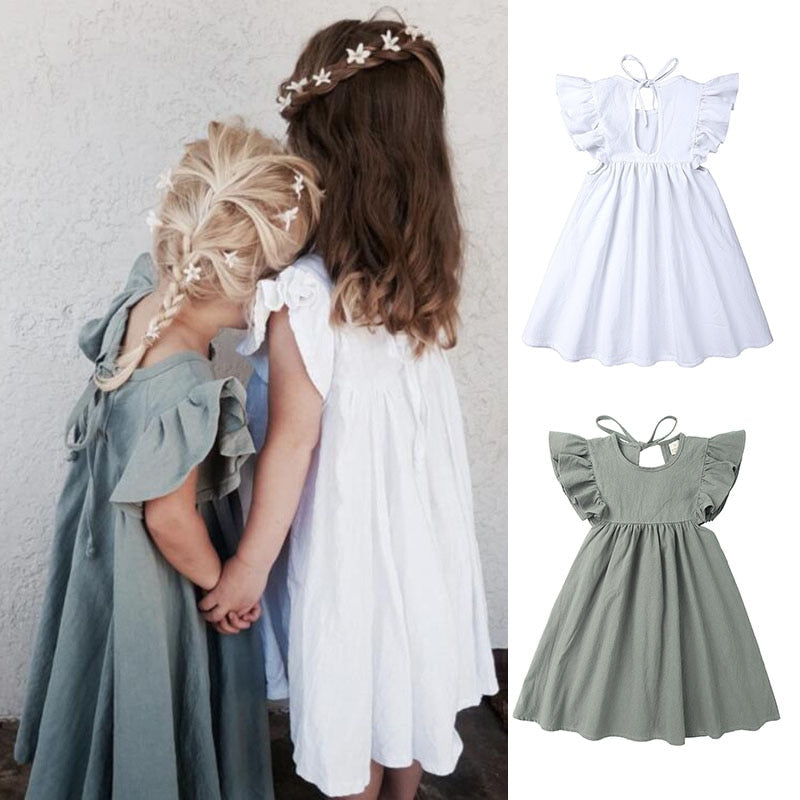 Kids Ruffle Sleeve Solid Linen Dress