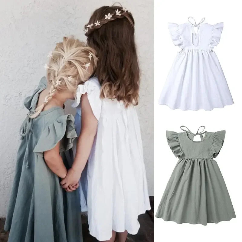 Kids Ruffle Sleeve Solid Linen Dress