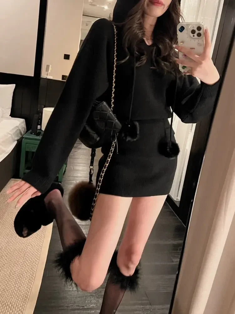 Solid Vintage Knitted Mini Dress Women Street Fashion Casual Y2K Hoodie Dress Female Sexy Long Sleeve Sweater Dress Autumn 2022