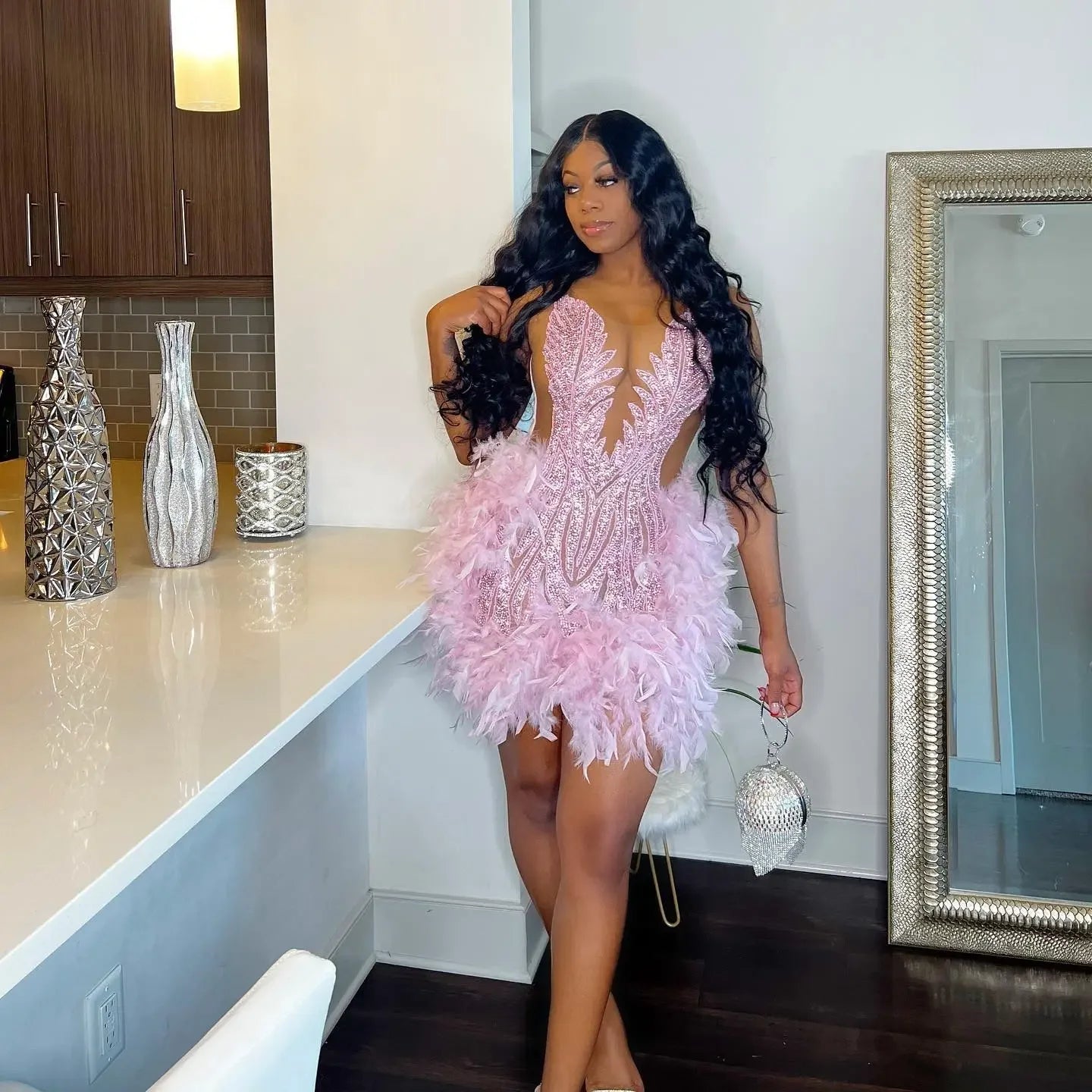 Luxury Sheer Pink Feather Birthday Dress