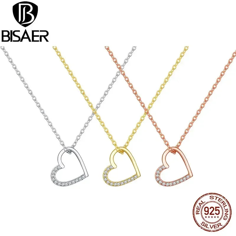 BISAER 925 Sterling Silver Simple Love Heart Pendant Necklace Zircon Adjustable Chain For Women Wedding Fine Jewelry 3 Colors