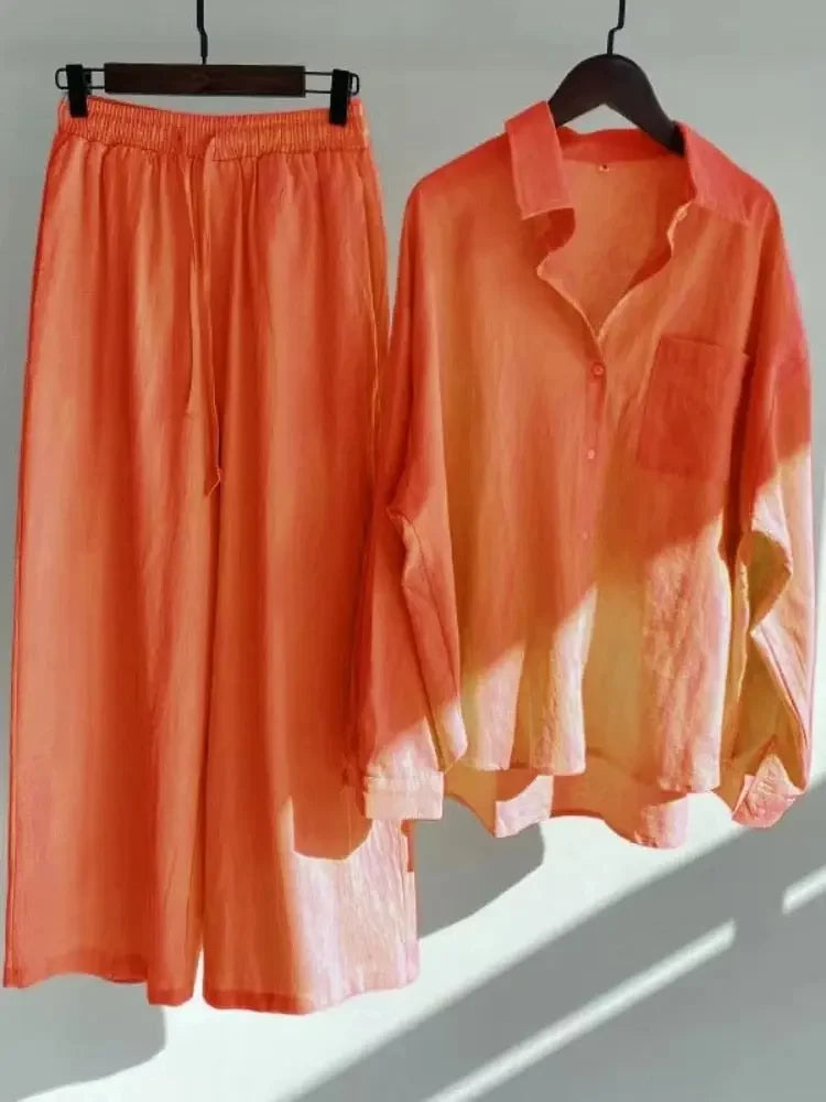 2023 Cotton Linen Women's Pijamas Set Sweatshirt Loose Sleepwear Women's 2pcs Long Sleeve Pants Set Retro Oversize Suit Pockets