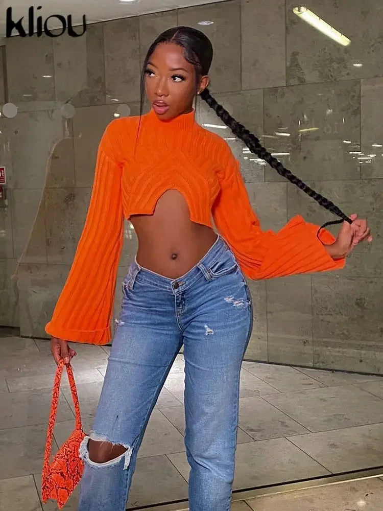 Kliou 2022 Autumn and Winter Sweater Solid Women Casual Simple Long Sleeve O-Neck Classic Skinny Bare Midriff Female Streetwear