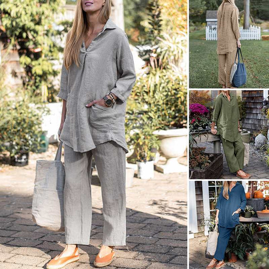 Maternity Blouse Pant Suit Set Spring Autumn Loose Linen Women Long Sleeve Turn-Down Collar Blouse Top Workwear Outfit Plus Size