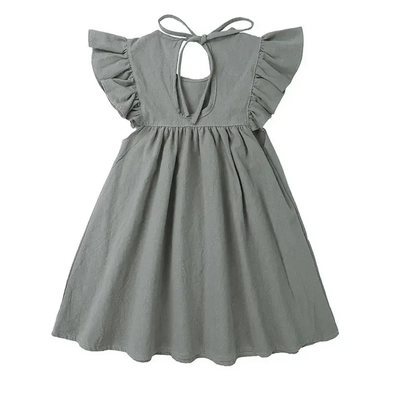 Kids Ruffle Sleeve Solid Linen Dress