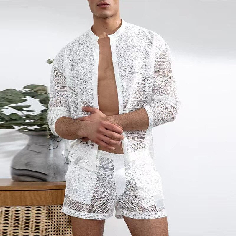 New Summer Men Two Piece Suits Sexy See Through Lace Outfits Beach Fashion Plain Pattern Print Long Sleeved Tops And Shorts Set