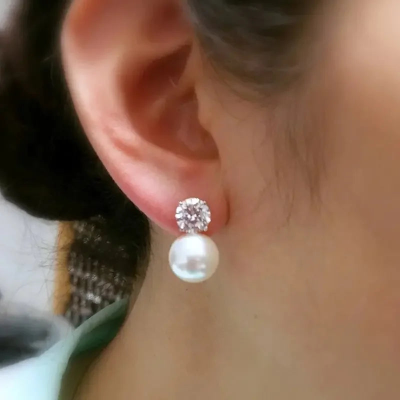 Huitan Simple and Elegant Imitation Pearl with Round CZ Design Earrings for Women Silver Color Fashion Versatile Ladies Jewelry