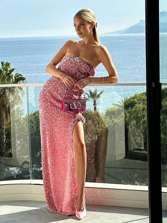 Sexy Strapless Sequin Bow Hollow Out Long Dress Elegant Women Pink Luxury Sequin High Split Slim Dress Evening Party Dresses