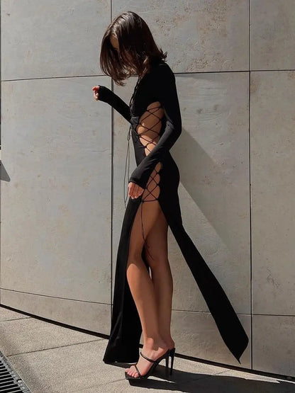 Cryptographic Bandage Lace Up Hot Sexy Slit Maxi Dress for Women Outfits Fashion Party Club Autumn Long Sleeve Dresses Vestido