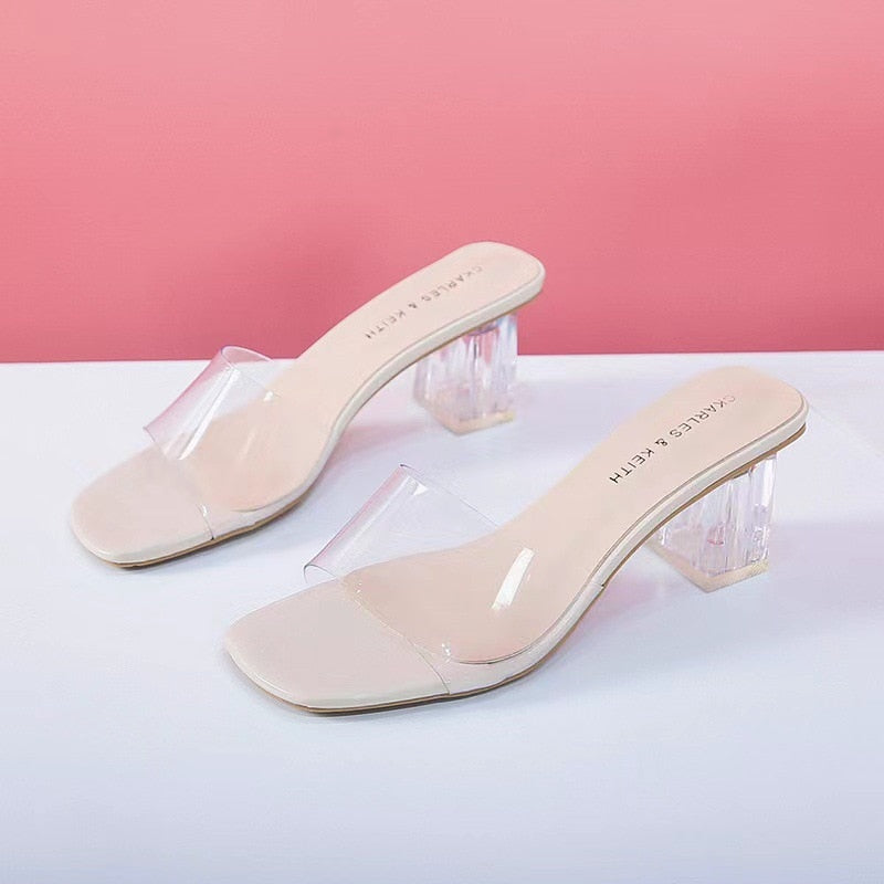 Comemore Crystal Clear Transparent Heel Slippers Female Shoes Middle Heels Comfortable New Summer Women Fashion Mules Slides 42