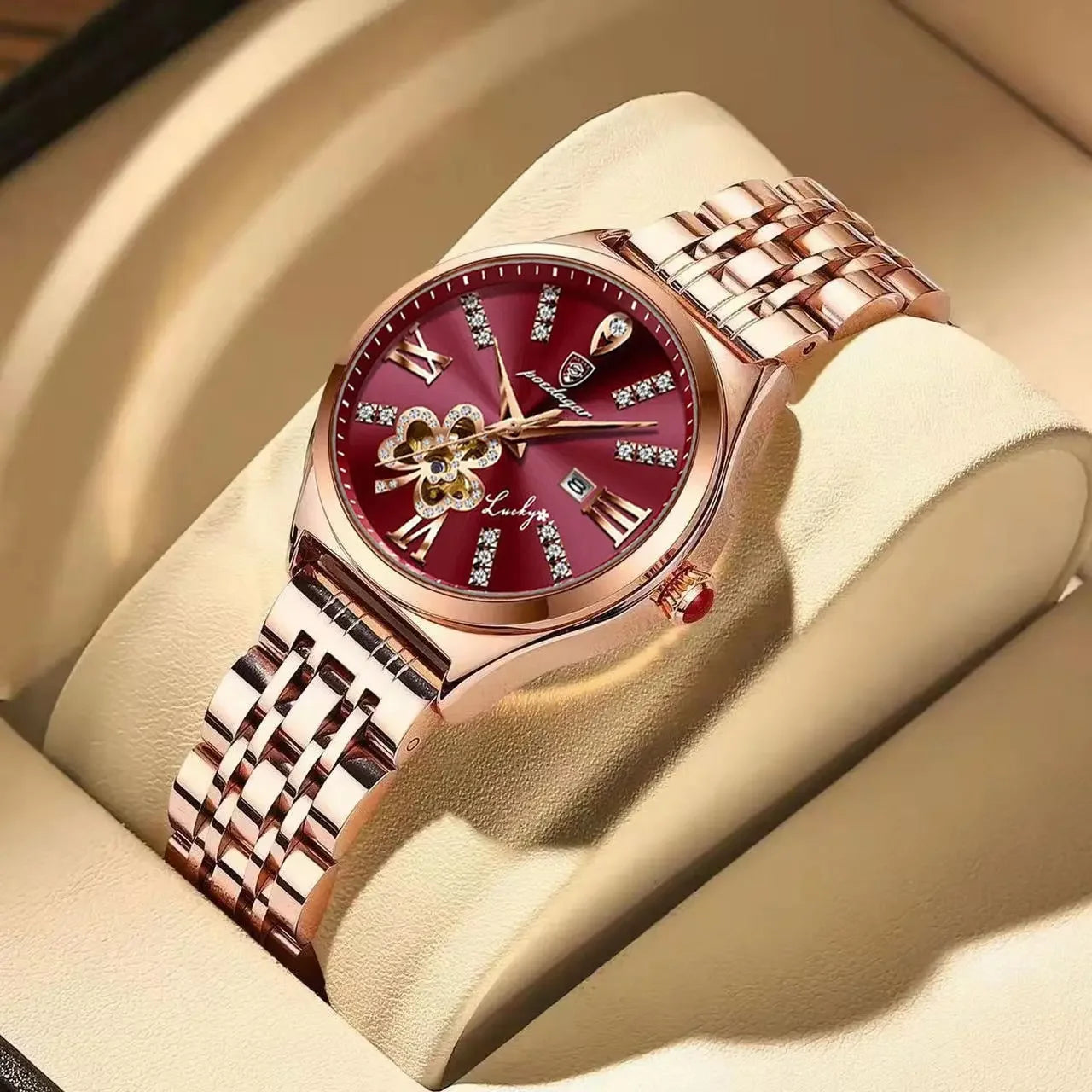 Luxury Wine Red Quartz Waterproof Stainless Watch