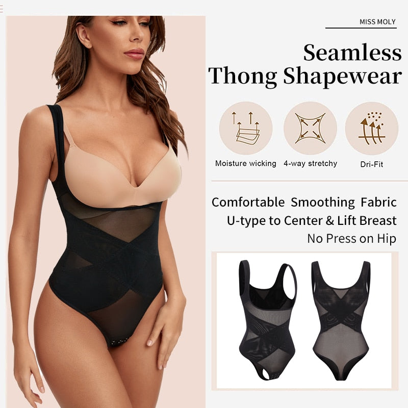 Mesh Thongs Bodysuit Shapewear Women Seamless Full Body Shaper Waist Slim Tummy Control Underwear Flat Belly Underbust Corset