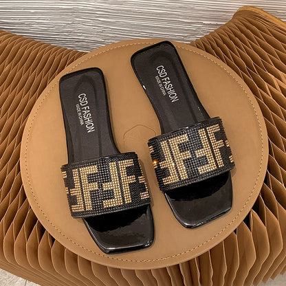 Women Slippers Summer Fashion Design Letter Rhinestone Sandals Antiskid Flat Slippers Woman Sandals Slides Beach Shoes 2023