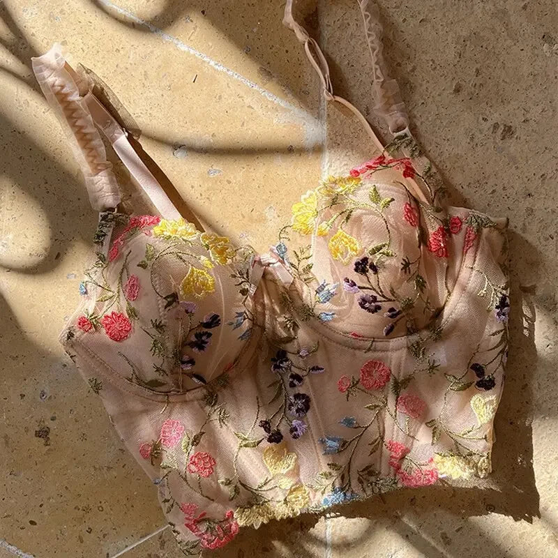 New Lace Camisole Ultra Thin Underwear Sexy Lace Embroidery Push Up Bra Set Women Romantic Flowers Body Shaper Tops and Panties