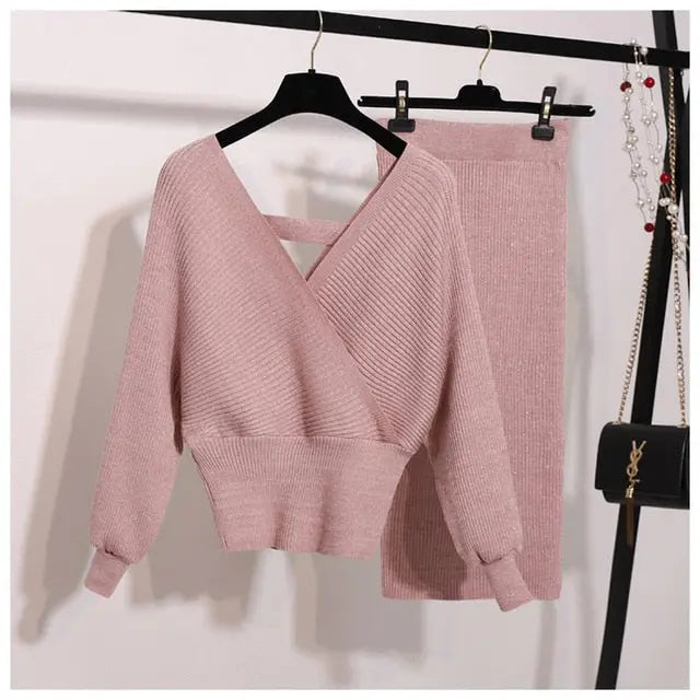 Warm Knitted V-neck Lantern Sleeve Pullover Sweater & Elastic Waist Skirt - LUXLIFE BRANDS