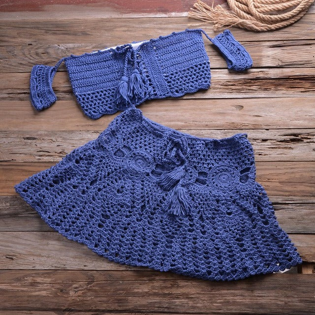 LUX Hand Knitted Crochet Beach Coverup Crop Top Mini Skirt