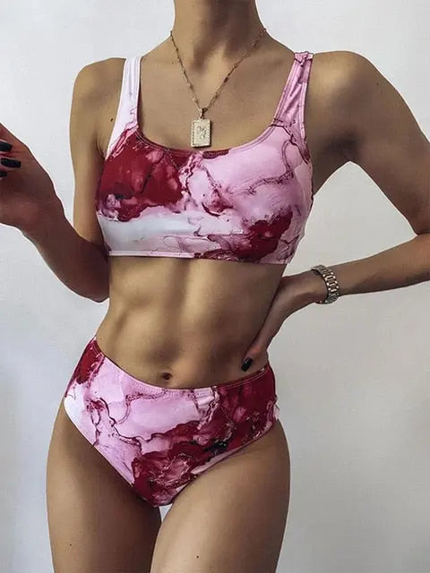Marble Design High Waist Bikini - LUXLIFE BRANDS