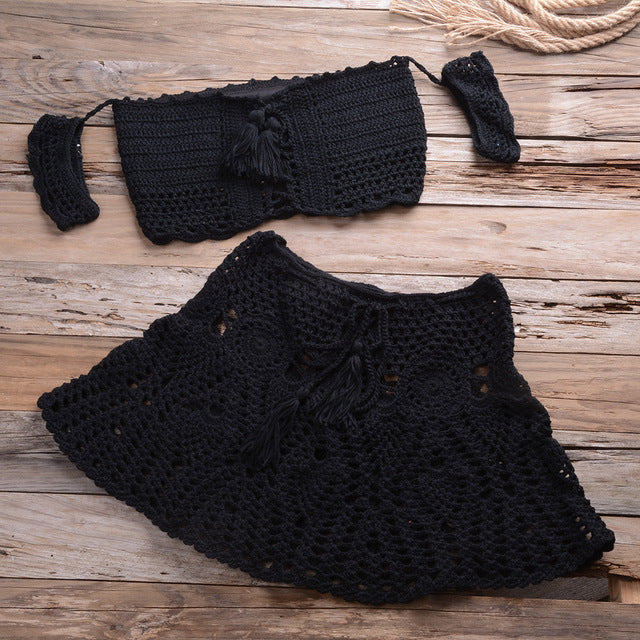 LUX Hand Knitted Crochet Beach Coverup Crop Top Mini Skirt