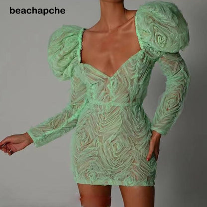 Green Floral Puff Sleeve Bodycon Party Dress