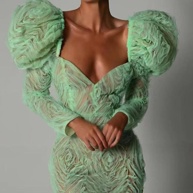 Green Floral Puff Sleeve Bodycon Party Dress - LUXLIFE BRANDS