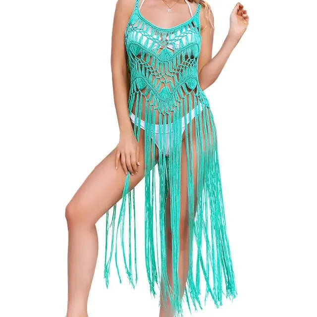 LUX Fringe Tassel Crochet Tunic Coverup Beach Dress - LUXLIFE BRANDS