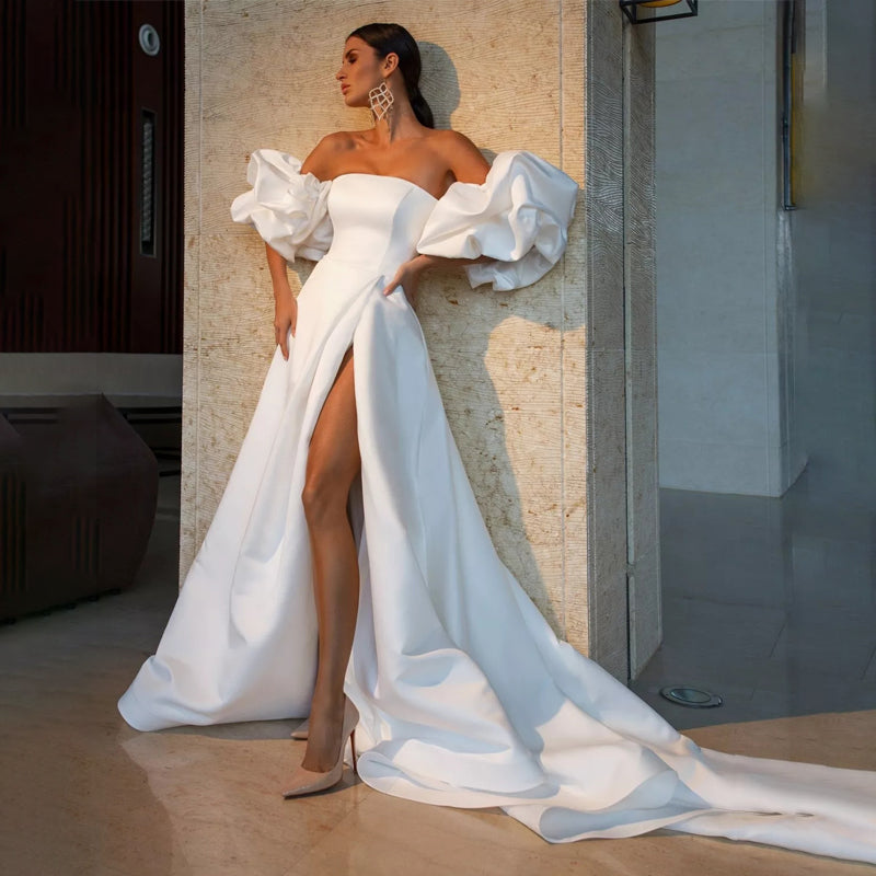High Slit Satin Couture Wedding Gown with Detachable Sleeves